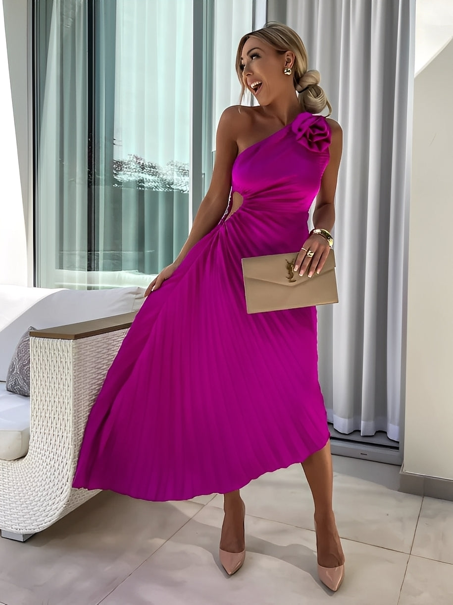 Rachael - Elegant pleated dress with floral shoulder area for women