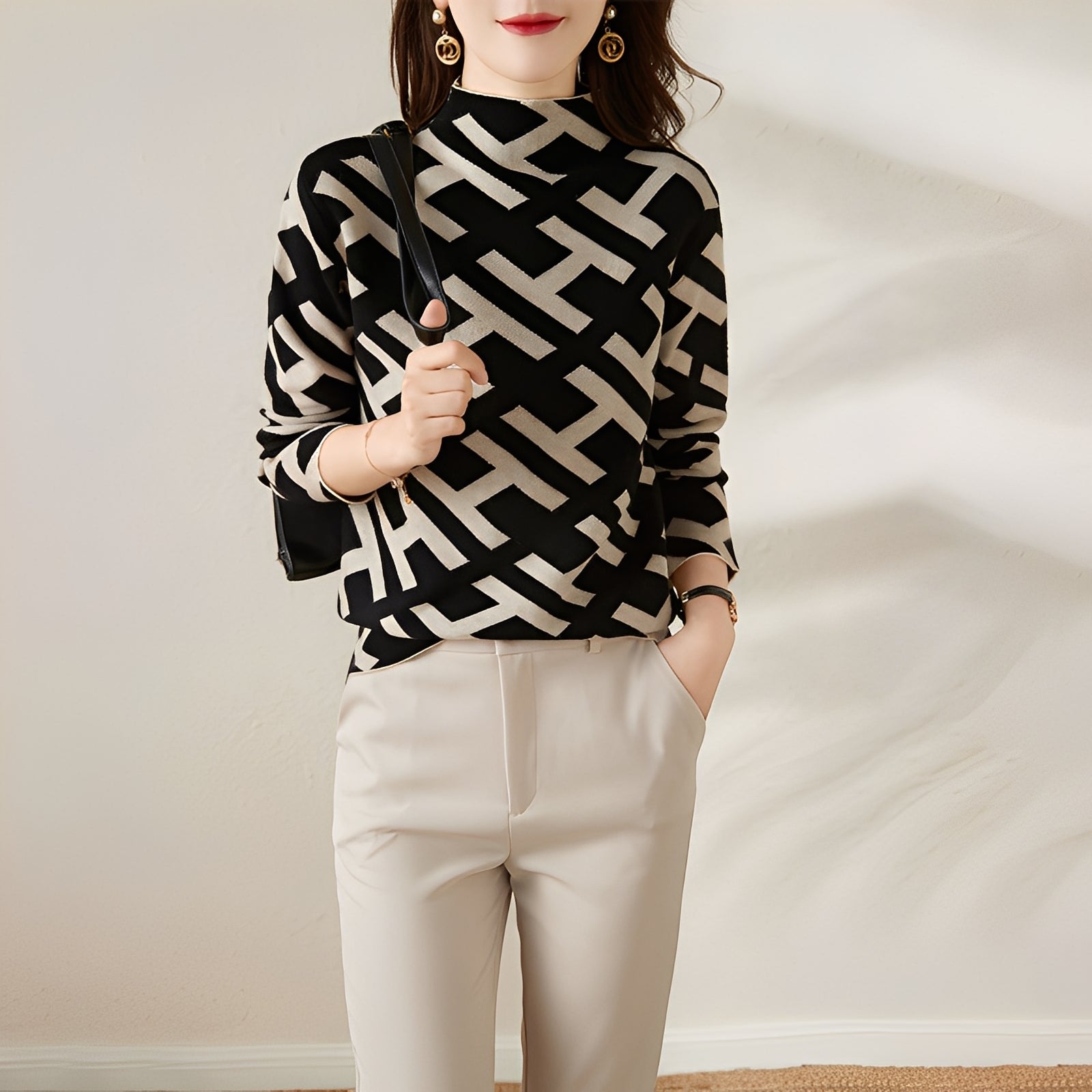 Eleanor - Stylish Long-Sleeve Knit Top with Print for Women