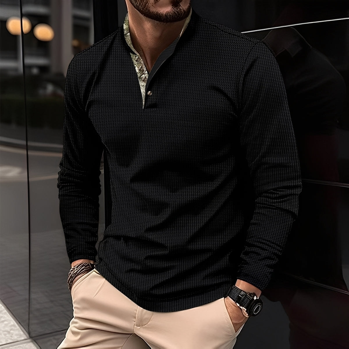 Crofton - Stylish Long-Sleeve Polo Shirt with Waffle Pattern for Men