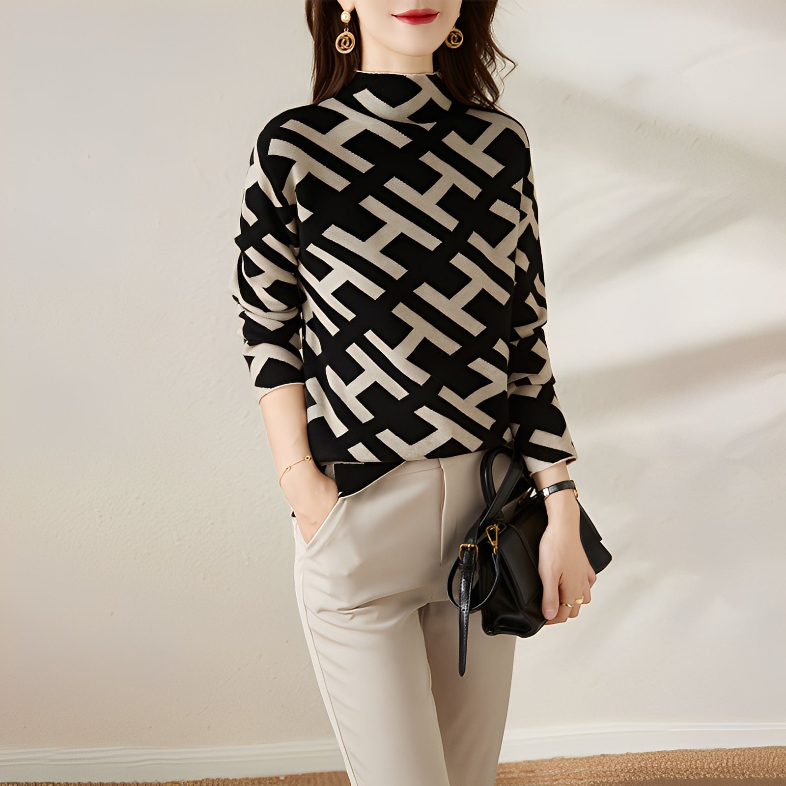 Eleanor - Stylish Long-Sleeve Knit Top with Print for Women
