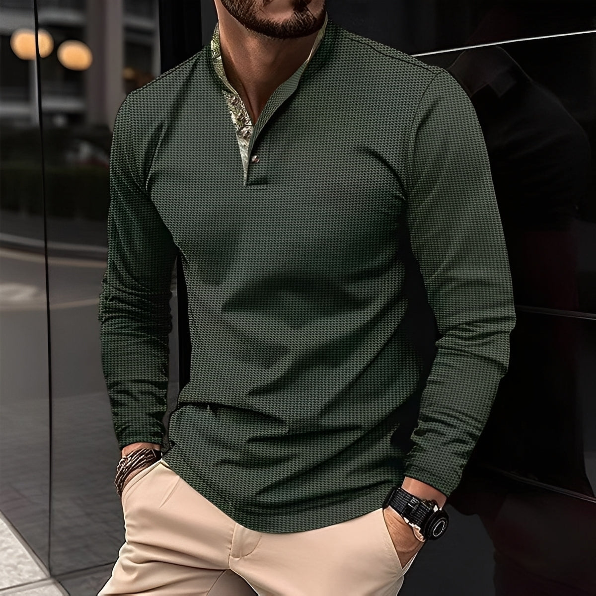 Crofton - Stylish Long-Sleeve Polo Shirt with Waffle Pattern for Men