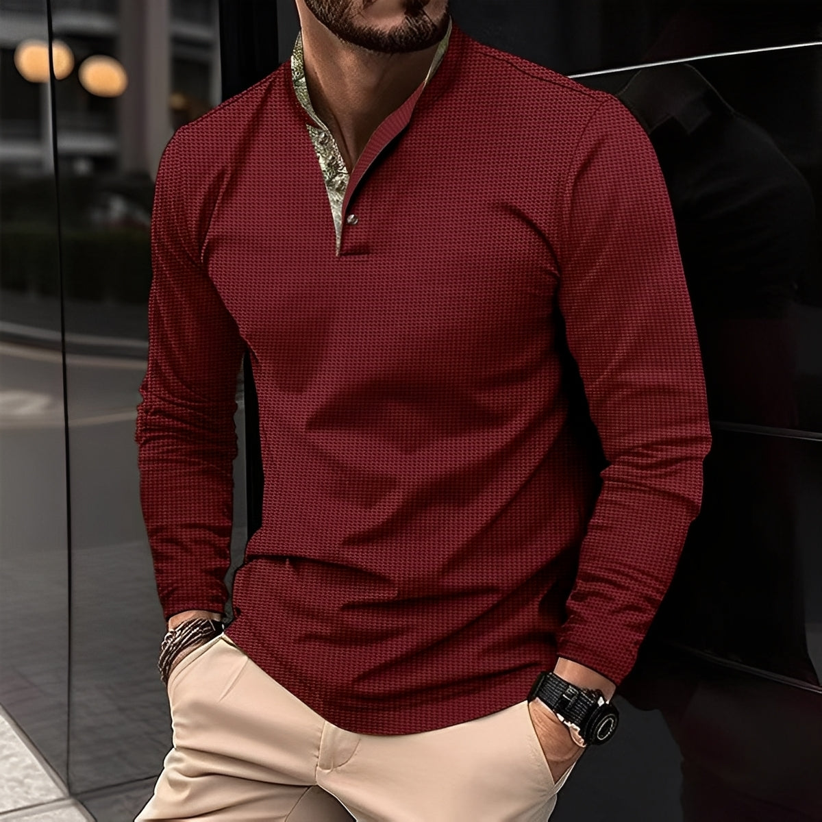 Crofton - Stylish Long-Sleeve Polo Shirt with Waffle Pattern for Men