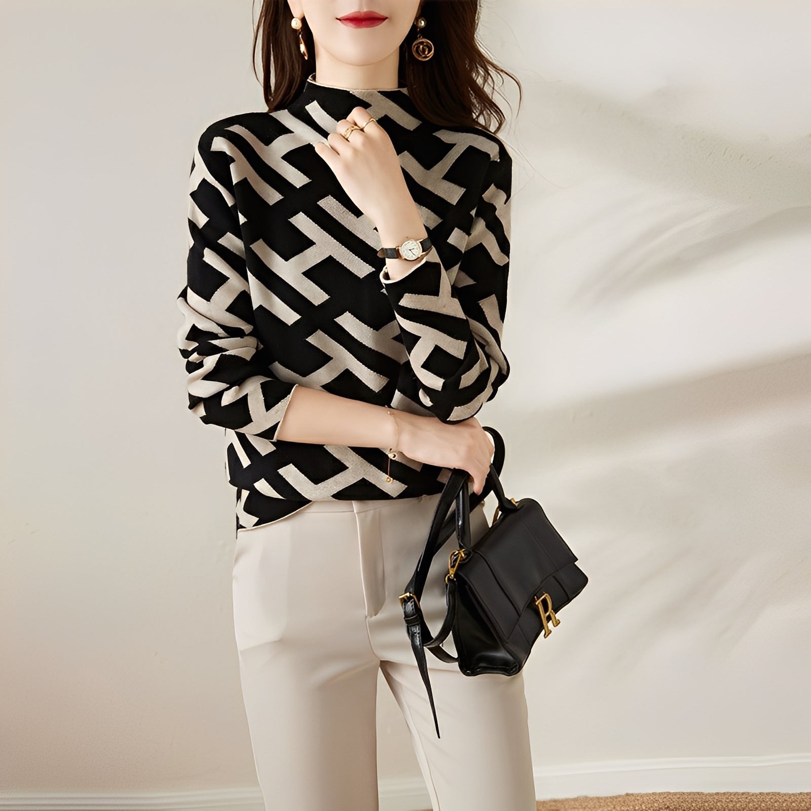 Eleanor - Stylish Long-Sleeve Knit Top with Print for Women