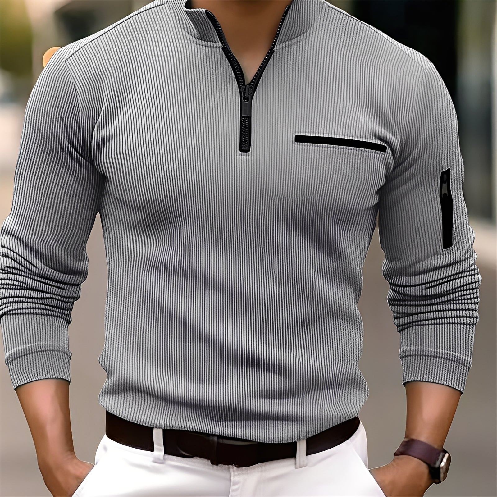 Donovan - Trendy striped men's sweater with pockets