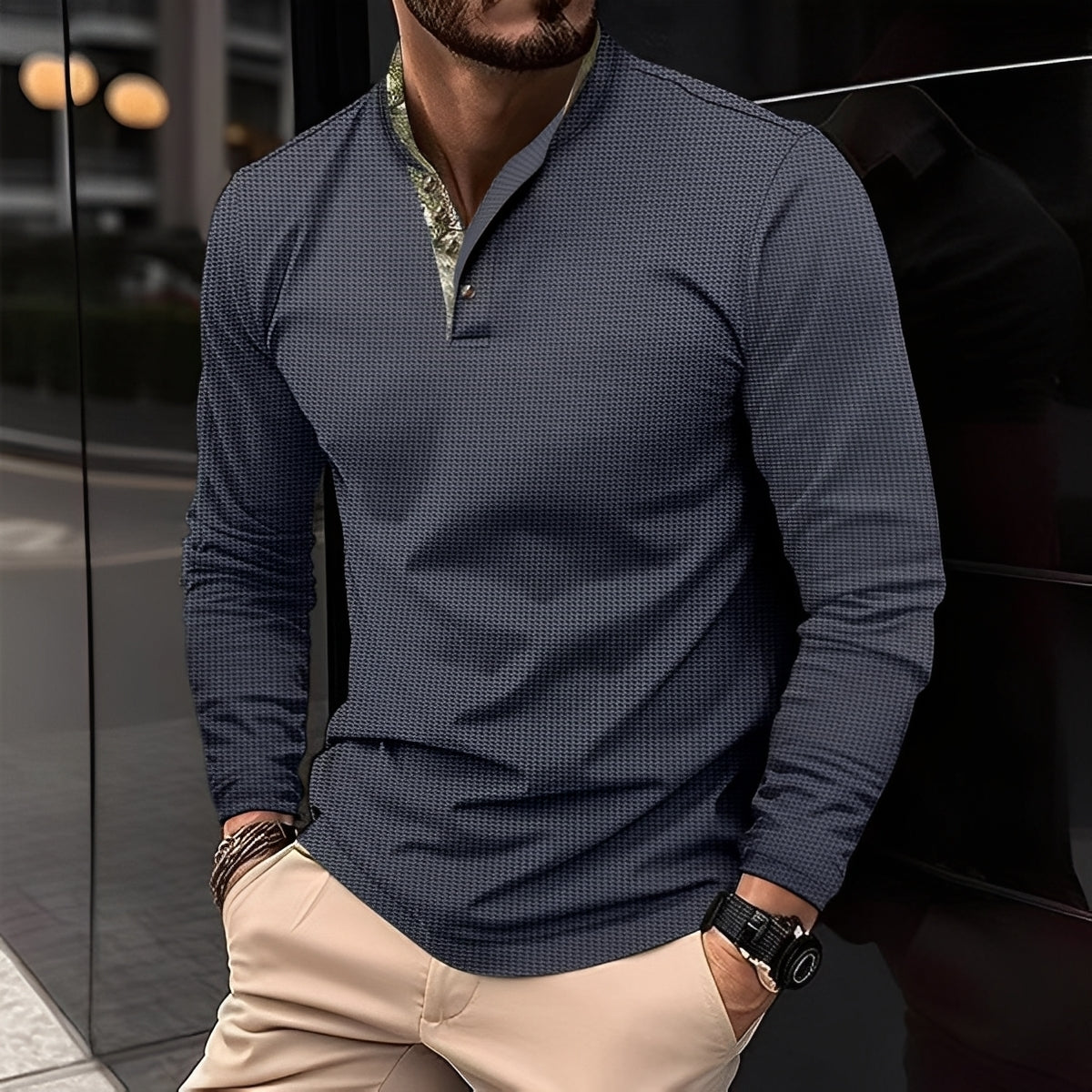 Crofton - Stylish Long-Sleeve Polo Shirt with Waffle Pattern for Men