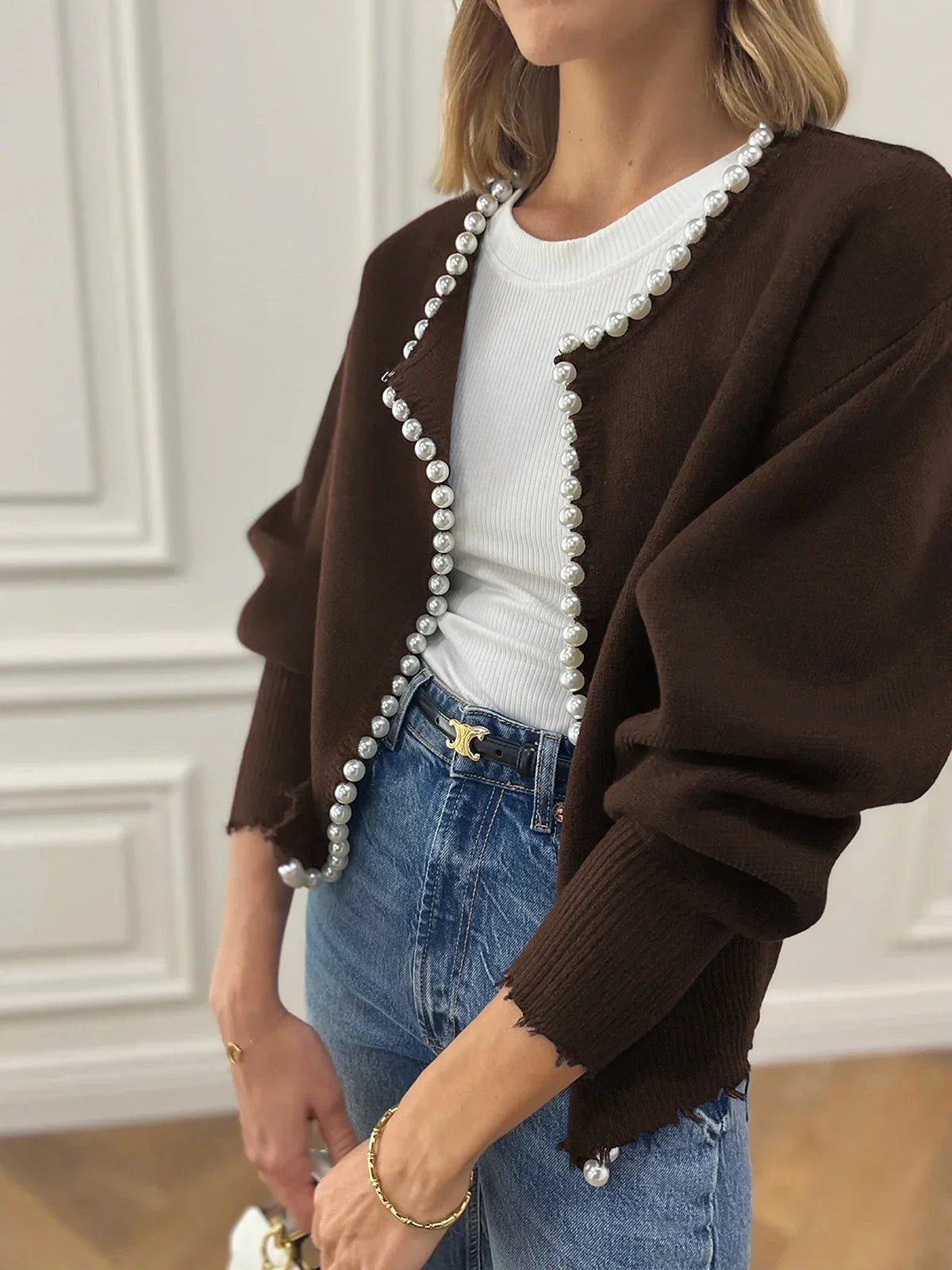 Vivien – Cardigan with Bead Embellishment and Fringe Hem