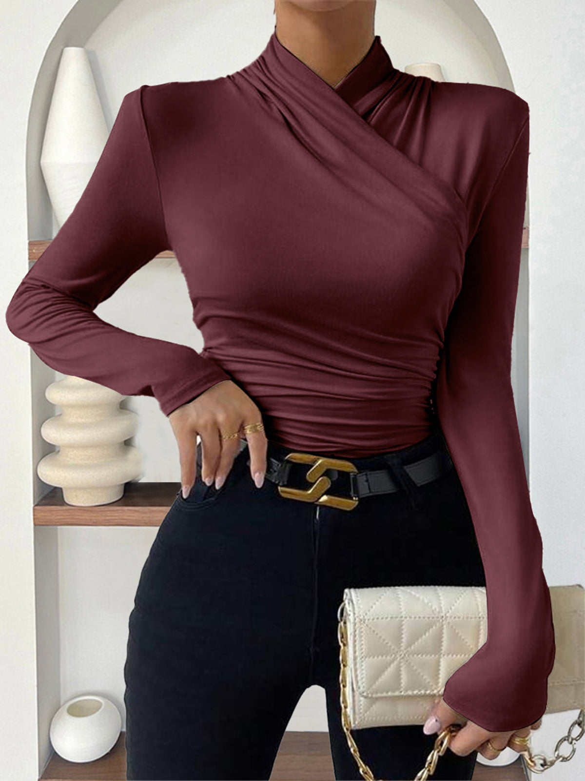 Isabelle – Crossed Collar Pleated Lace Sweater