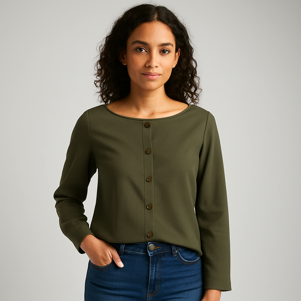Saffron-lux | Women – Button Front Blouse – Round Neck – Smart-Casual Style