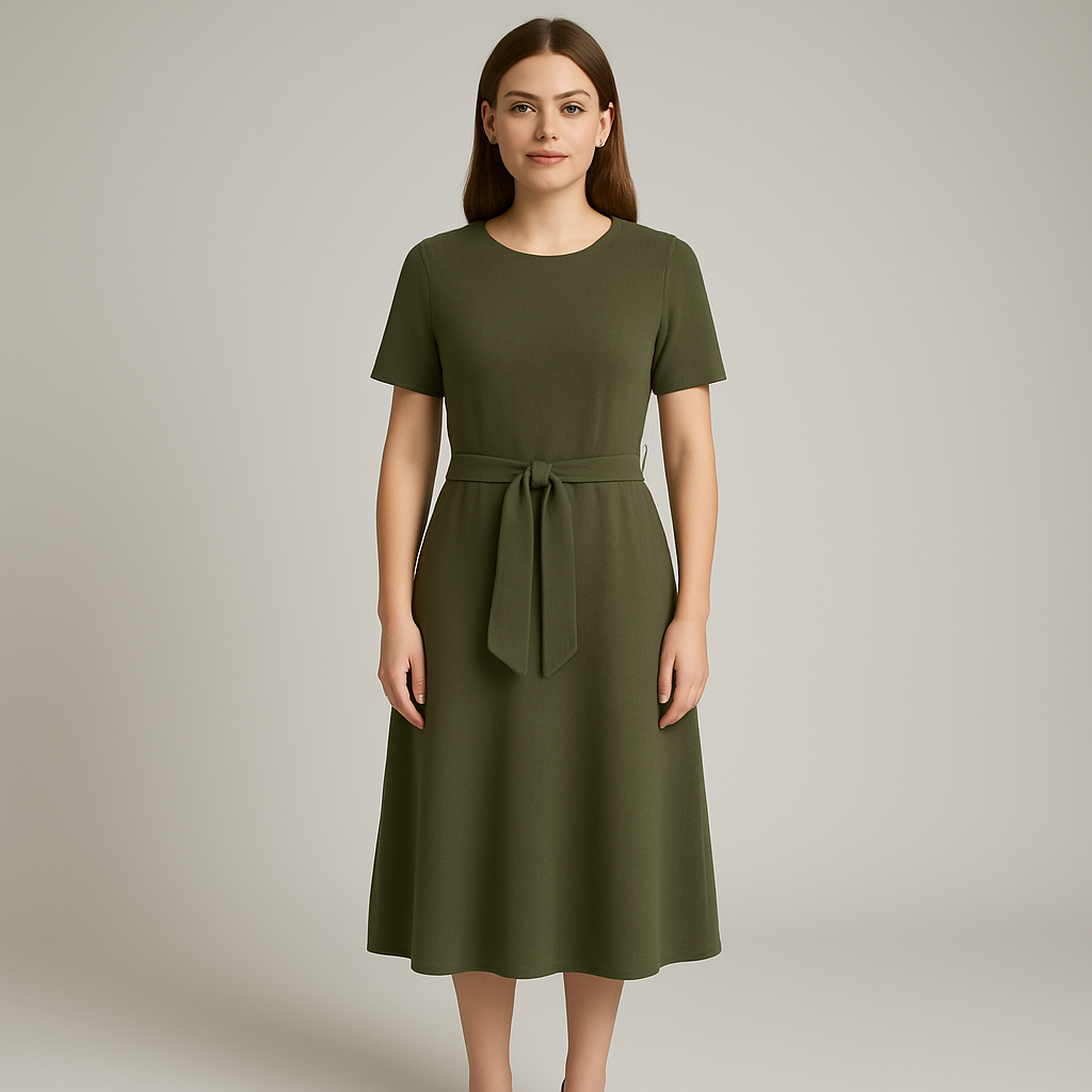 Saffron-lux | Women - Belted Dress - Crew Neck - Everyday Style