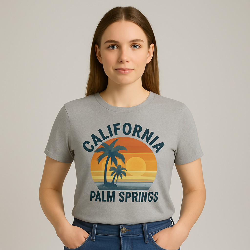 Saffron-lux | Women – Graphic T-Shirt – Short Sleeve – Palm Springs Sunset